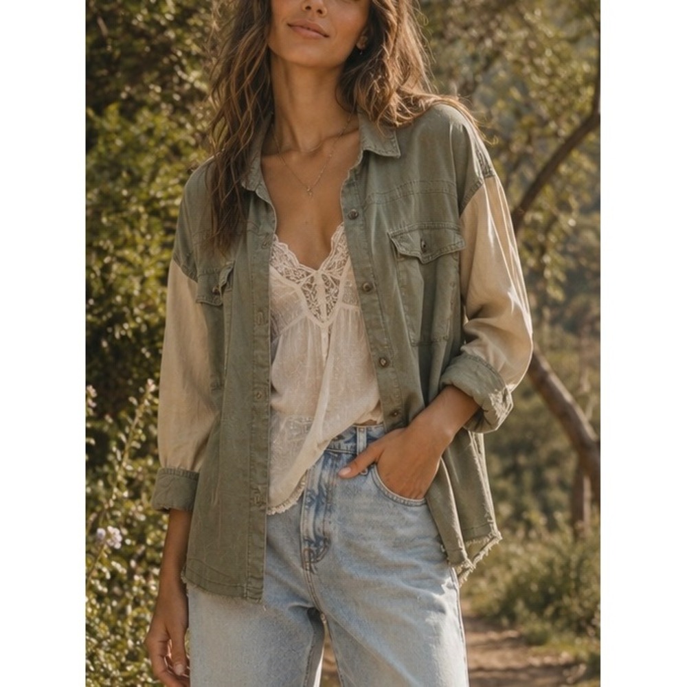We The Free Women Shirt Olive Green Large Linen Colorblock Button Down Shacket
